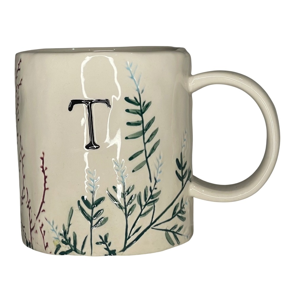 Anthropologie Monogram T Floral Ceramic Coffee Mug White Botanical Heart Detail